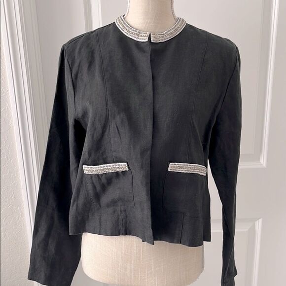 Tommy Bahama Lux Linen Embellishments Elegant Black Women's Short Jacket NWT - Picture 2 of 12